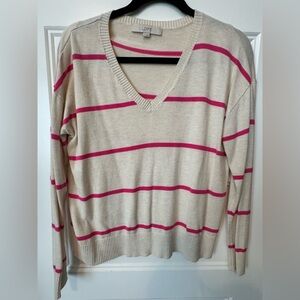 Loft Beige and Pink V Neck Sweater Size Small